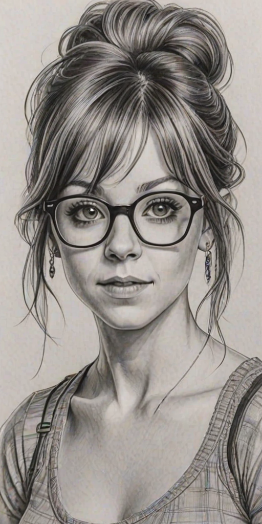 Alluring Lindsey Stirling, pencil sketch, portrait of Bewitching woman 1976s in glasses, hair style beatnik, outline, clear lines, fine lines, 8k