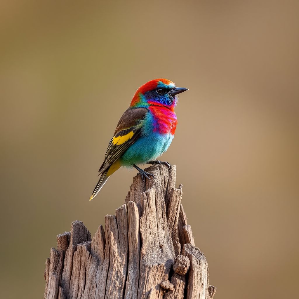 A vibrant bird perched on a weathered stump, background softly blurred, captured with a Canon EOS 5D Mark IV, 300mm lens, f/2.8 aperture, ISO 200, shutter speed 1/1000s, natural lighting, focused on subject with creamy bokeh.