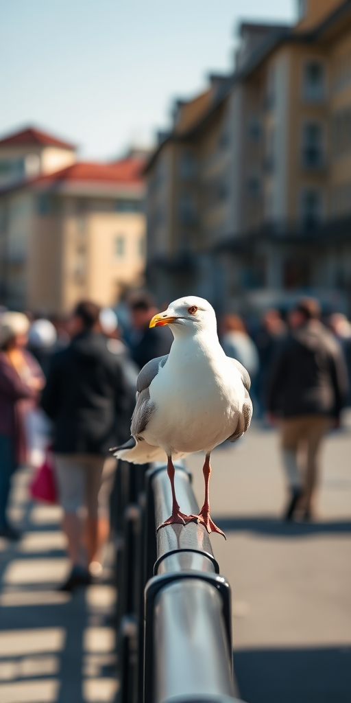 Seagull perched on a railing with a blurred background of people and buildings, sunny day, soft focus, 50mm lens, aperture f/2.8, ISO 200, shutter speed 1/200s, DSLR camera, natural light.