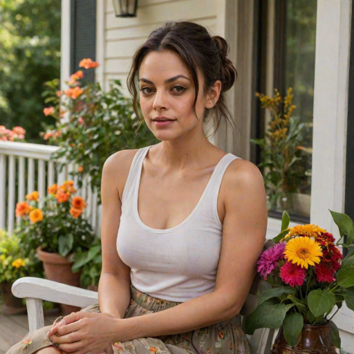 A photo of Mila Kunis with a background of a cozy porch. She has dark hair pulled back in an updo, with tendrils framing her face. She wears a white tank top and sits on the porch. The porch is part of a well-lit home with a warm, earthy tone and colorful flowers and foliage. The overall scene has a warm, welcoming, and comfortable ambiance.