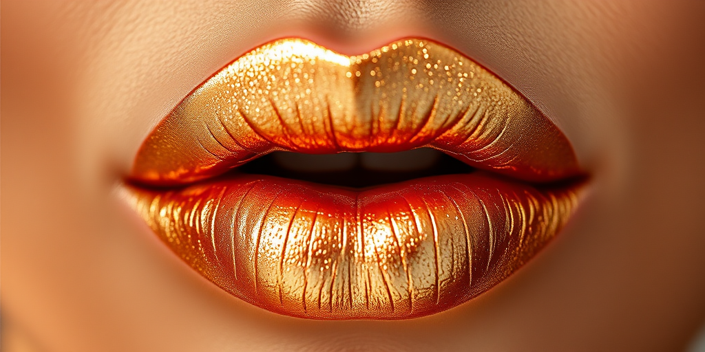 Elegant capture of champagne gold lips with a metallic finish, emphasizing luxurious sheen and light-catching properties in soft lighting