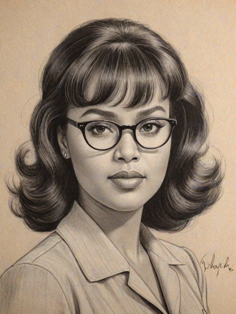 Comely Jackee Harry, pencil sketch, portrait of Elegant woman 1946s in glasses, hair style beatnik, outline, clear lines, fine lines, 8k