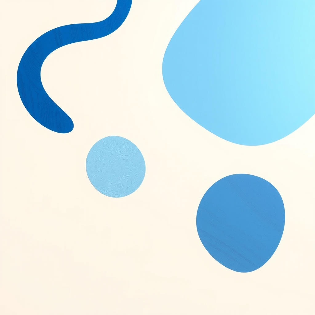 create a minimalist abstract artwork featuring organic shapes in varying shades of blue on a cream background, with soft lighting and a shallow depth of field, captured using a DSLR camera at f/2.8, ISO 100, and a 50mm lens