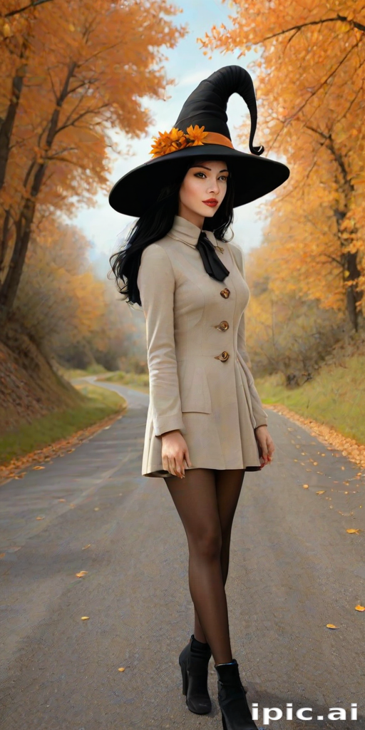 digital art fantasy depicting a strange girl with black hair, long eyelashes, orange lipstick and a tall hat walking along a winding road on an autumn afternoon, an armadillo smiles as he passes