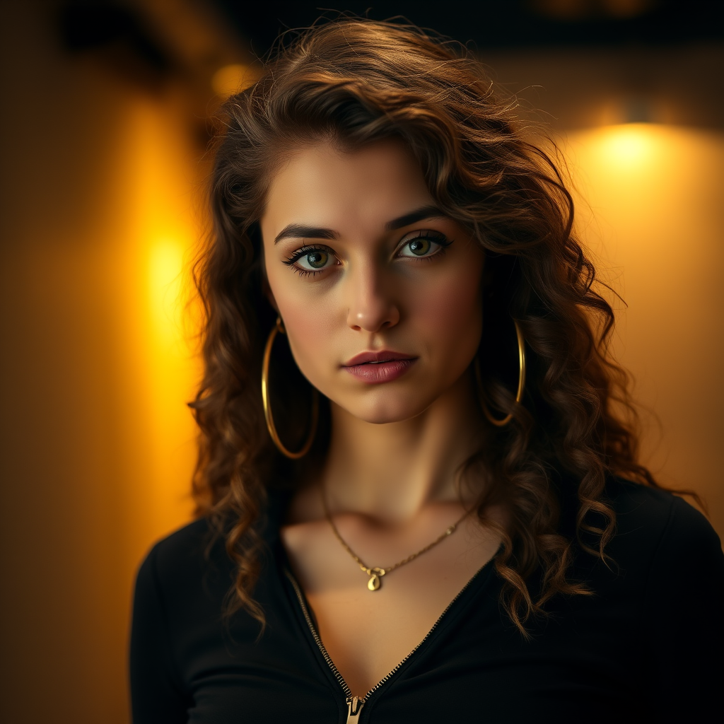A young woman with long, curly brown hair is looking directly at the viewer. She is wearing a black top with a zipper down the front. The setting is a dimly lit interior space, with a warm, golden light emanating from the background. Her expression is neutral, with a hint of seriousness. The image is a close-up portrait with a shallow depth of field, focusing on the woman's face and torso. The background is blurred, creating a soft and intimate atmosphere.  She is wearing large gold hoop earrings, and a small gold chain is visible around her neck.  Her makeup is natural and simple, highlighting her brown eyes. The lighting creates subtle shadows that accentuate her features.  Her skin is smooth and glows in the soft light. The composition is balanced, with the woman's face positioned in the center of the frame.  The image is focused on capturing her beauty and confidence.