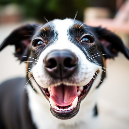 A close-up of a happy black and white dog with a playful expression, photographed with a DSLR camera at f/2.8 aperture, 1/500 shutter speed, ISO 200, in natural daylight, with a shallow depth of field to blur the background.