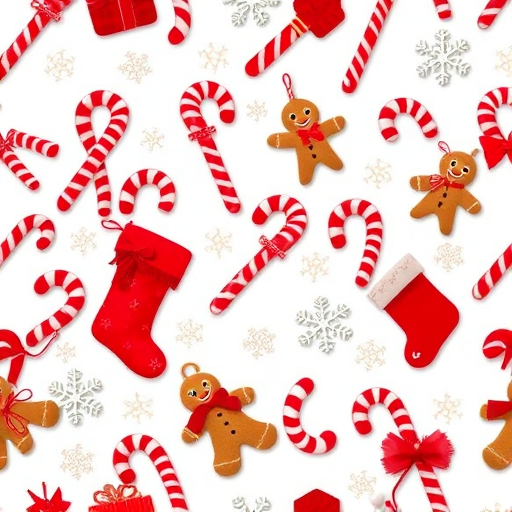 Generate a seamless Christmas-themed pattern featuring red candy canes, gingerbread men, stockings, and snowflakes on a white background, captured with a DSLR camera at f/8, ISO 200, 50mm lens, top-down view, bright lighting for enhanced detail and color vibrancy.