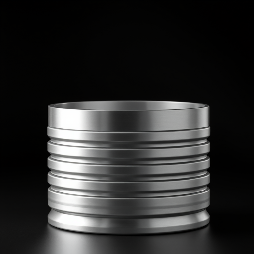 Create a high-resolution 3D rendering of a metallic cylindrical stack with a smooth surface, captured with a DSLR camera using a 50mm lens at f/8, 1/125 sec shutter speed, ISO 100, in a studio lighting setup with a softbox to enhance shadows and reflections.
