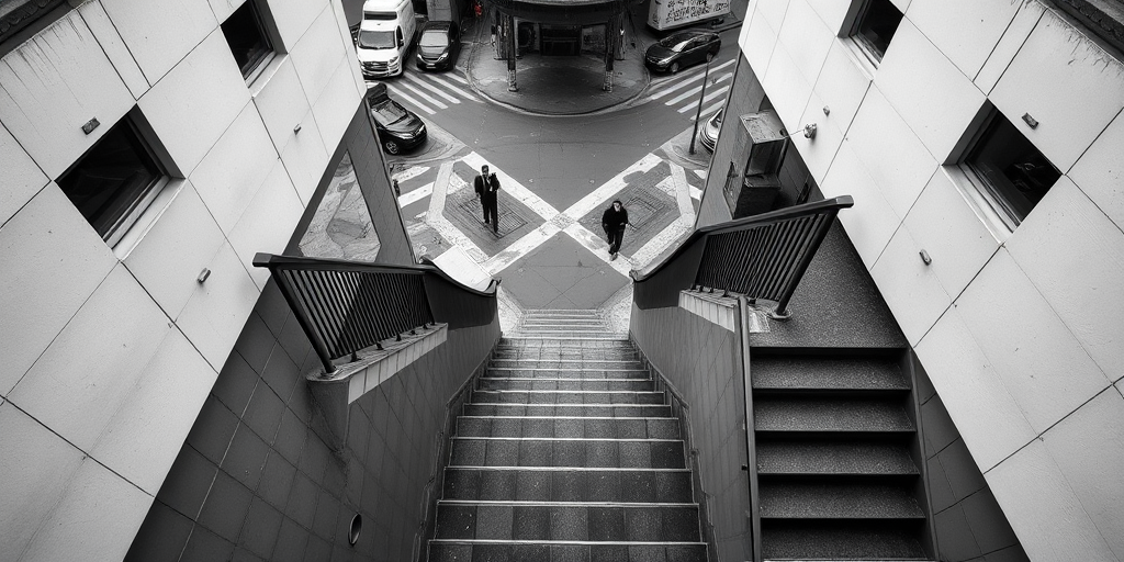 Aerial view of a staircase leading down to a city intersection, captured with a DSLR camera at f/8 aperture, ISO 400, 24mm lens, shot from a high angle in monochrome style to enhance contrast and detail.