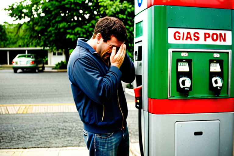 A man crying at a gas pump