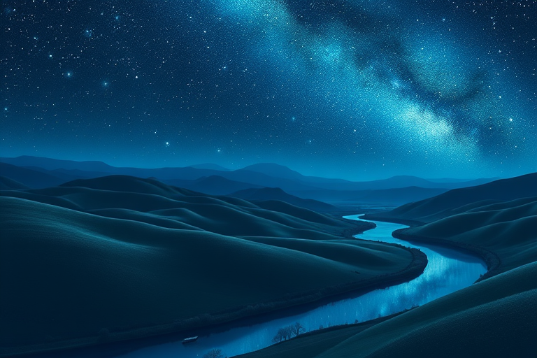 create a stylized digital artwork of a serene night landscape featuring rolling hills under a starry sky, with a winding river reflecting the stars, include a small boat floating on the river, use high-resolution digital art techniques, camera settings: f/8, ISO 100, shutter speed 1/60s, camera view: wide-angle, camera style: soft focus, camera type: digital DSLR