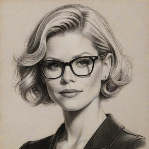 Alluring Julie Bowen, pencil sketch, portrait of Alluring woman 1933s in glasses, hair style beatnik, outline, clear lines, fine lines, 8k