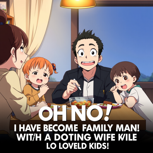 isekai anime style poster depicting a happy Family of four, a surprised dad sitting at a table with his wife and two kids eating something; the movie title clearly reads "OH NO! I HAVE BECOME A FAMILY MAN WITH A DOTING WIFE AND LOVABLE KIDS!", written in clear and exact letters