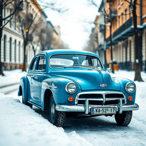 Create a high-resolution watercolor effect image of a vintage blue car parked on a snowy street, shot with a DSLR camera at f/2.8, ISO 100, 50mm lens, in natural light from the side, with a shallow depth of field to soften the background.