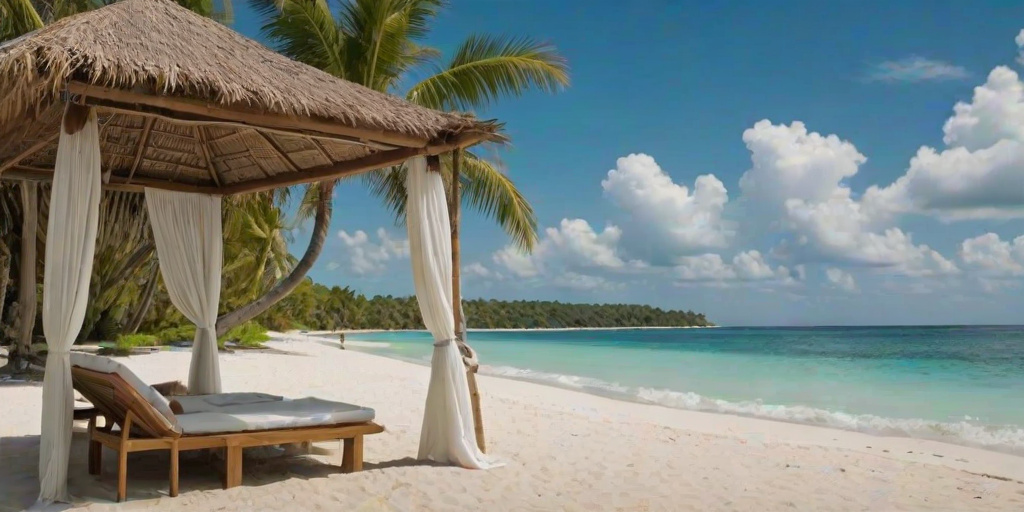 Create a picturesque tropical beach scene featuring a serene, white sandy shore. In the foreground, there's a rustic wooden canopy with white drapes gently flowing in the breeze. Underneath the canopy, a table is set with tropical decor, evoking a sense of relaxation and leisure. The beach extends into a calm, shallow water area with reflections of the sky and surroundings. Palm trees and lush greenery line the edge of the beach, providing a natural, tropical backdrop. The sky is clear with a few scattered clouds, and the overall atmosphere is tranquil and inviting, perfect for a peaceful retreat.