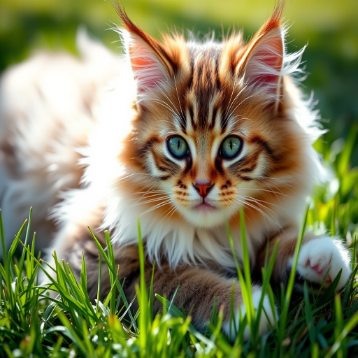 A close-up shot of a fluffy cat lounging on green grass, natural sunlight illuminating its fur, aperture f/2.8, shutter speed 1/500s, ISO 100, DSLR camera, shallow depth of field for a soft background blur.