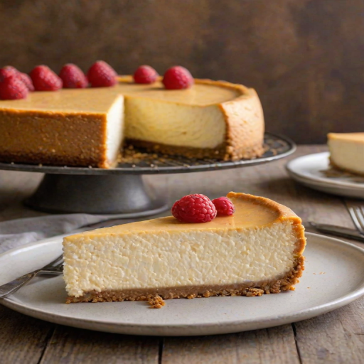 Generate an image of a creamy cheesecake with a golden-brown top and a slice cut out, revealing the smooth texture inside. The cheesecake sits on a round wire rack with a graham cracker crust and a simple, rustic background.