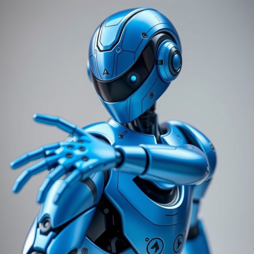 Create a futuristic robotic character with smooth blue metallic surfaces, dynamic pose, high detail, 4K resolution, close-up view, using a DSLR camera with a 50mm lens at f/1.8, ISO 100, and a soft focus background to enhance depth.