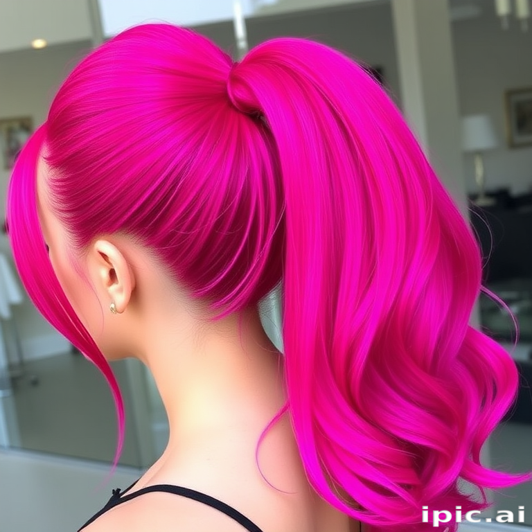 Vibrant magenta hair styled in a sleek, high ponytail with ultra-long extensions showcases the bold "Fuchsia Fantasia" look, featuring a gradual ombre effect that transitions to electric purple at the ends, creating a striking and eye-catching style that exudes confidence and creativity