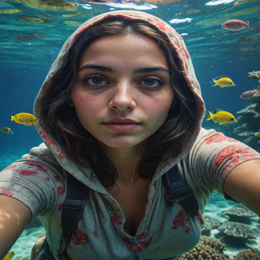 Realistic selfie image of a Coptic, wearing a vintage outfit, detailed dreamy eyes, droopy hooded eyes, staring at the camera, taken underwater at coral reef with a sunbeam filtering through the water, vibrant, summer vacation, natural lighting, turtle and school of tropical fish with vibrant colors, rendered in the style of CryEngine, Pegi Nicol MacLeod, with realistic genre scenes, hauntingly beautiful narratives, ultra-realism, and Thomas Saliot's close-up technique, 8K resolution, crystal clear and sparkling water.
