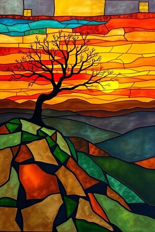 A vibrant abstract painting on Tiffany Glass, blending acrylic and alcohol ink techniques, captures a dramatic sunset over rolling hills. The artwork features a textured, rocky foreground in green and brown, layered abstract hills, and a striking sunset in rich oranges, yellows, and reds. A solitary black tree with intricate branches contrasts against the fiery sky, creating a dynamic and expressive portrayal of a breathtaking natural scene.