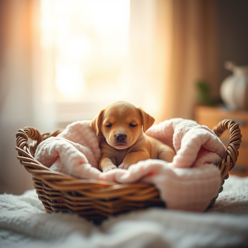 Soft-focus image of a newborn puppy nestled in a basket, surrounded by soft blankets, with soft morning light streaming in through a nearby window and creating a warm, comforting atmosphere.