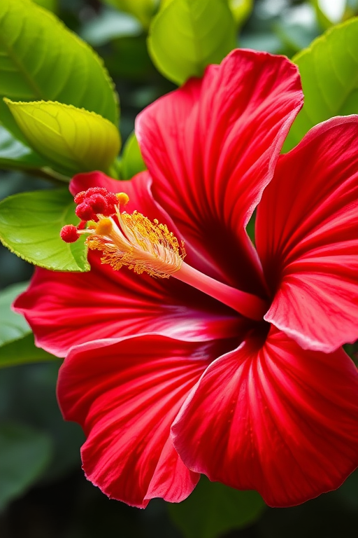 Create a vibrant and detailed illustration of a red hibiscus flower with lush green leaves, using a DSLR camera, f/2.8 aperture, 50mm lens, macro mode, shot from a low angle to enhance depth and focus on petal texture.