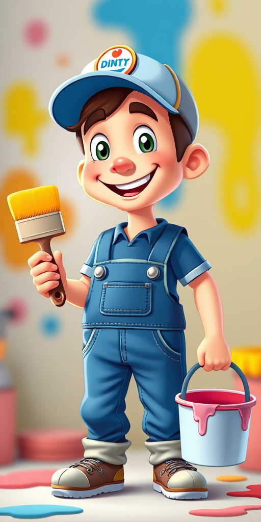 Create an illustration of a cheerful cartoon painter with a paintbrush in one hand and a paint bucket in the other, wearing overalls and a cap, bright colors, high resolution, shot with a digital camera at f/2.8, 50mm lens, soft focus background, vibrant lighting.