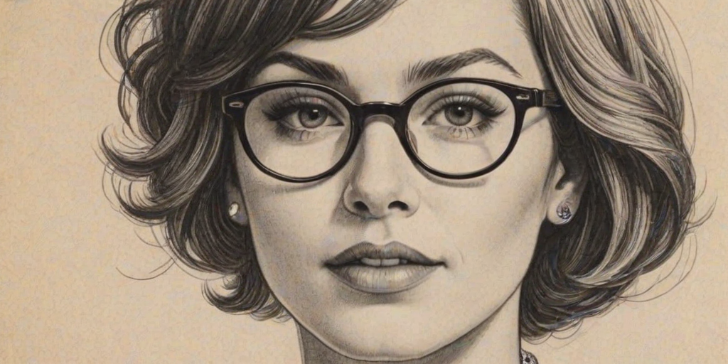 Graceful Maroon 5, pencil sketch, portrait of Ravishing woman 1928s in glasses, hair style beatnik, outline, clear lines, fine lines, 8k