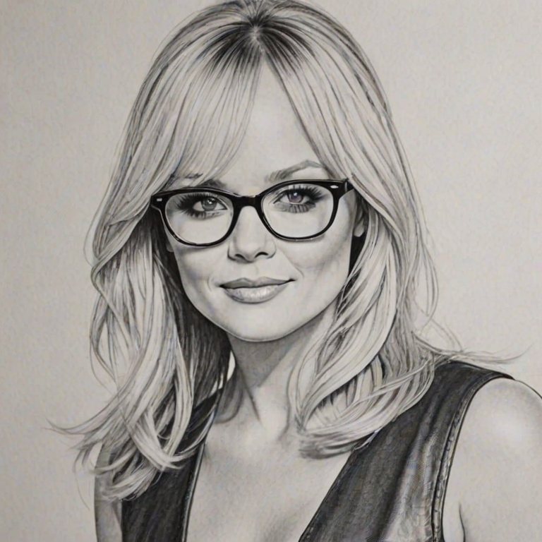Stunning Emma Bunton, pencil sketch, portrait of Superb woman 1978s in glasses, hair style beatnik, outline, clear lines, fine lines, 8k