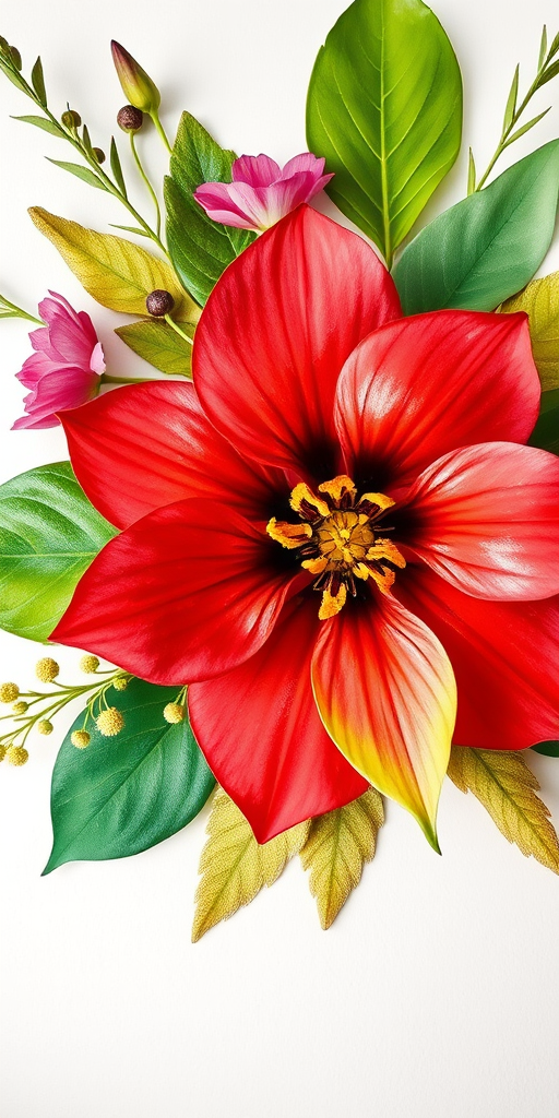 Create a vibrant watercolor floral arrangement with a large red flower and various green leaves, captured with a DSLR camera at f/2.8 aperture, 50mm lens, 1/250 shutter speed, in soft natural light for enhanced colors and details.