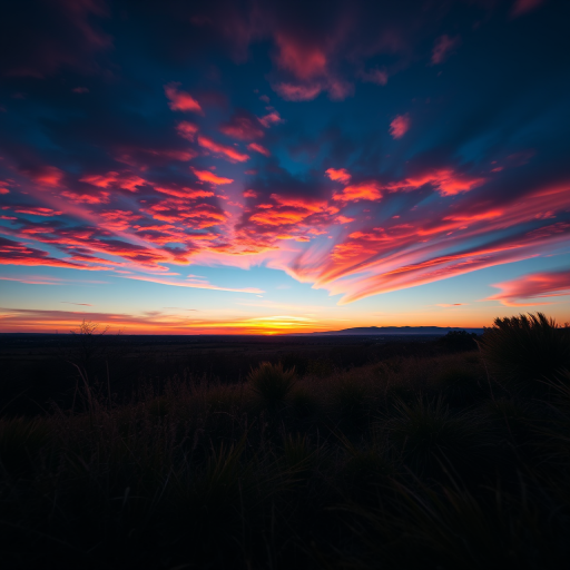 Create a high-resolution image of a serene landscape at sunset with vibrant colors, using a DSLR camera with a 50mm lens, aperture set to f/1.8, ISO 200, shutter speed 1/100s, shot from a low angle to capture foreground details and dramatic sky.