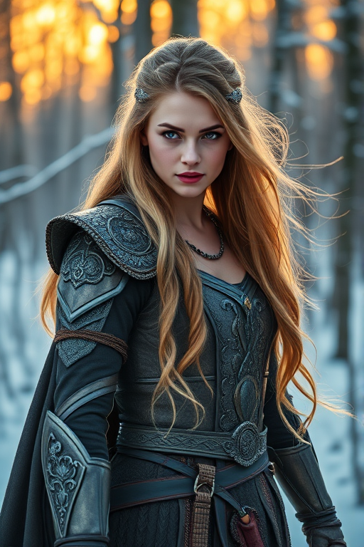 Create an image of a fierce warrior princess with long flowing hair dressed in an intricately designed medieval outfit, set in a snowy forest landscape during golden hour; use a Canon EOS R5 camera with a 50mm f/1.2 lens, aperture set to f/2.8, ISO 100, and a shallow depth of field to enhance details and ambiance.