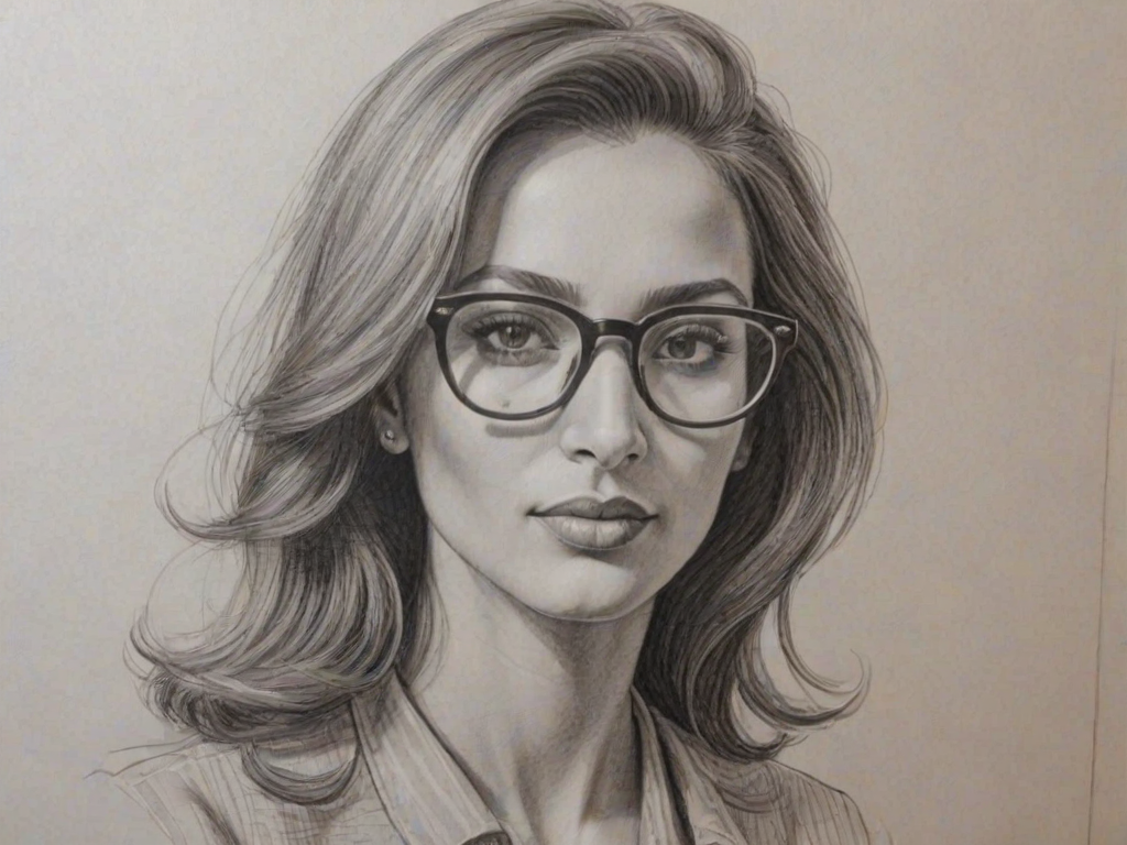 Delightful Iman Vellani, pencil sketch, portrait of Superb woman 1971s in glasses, hair style beatnik, outline, clear lines, fine lines, 8k