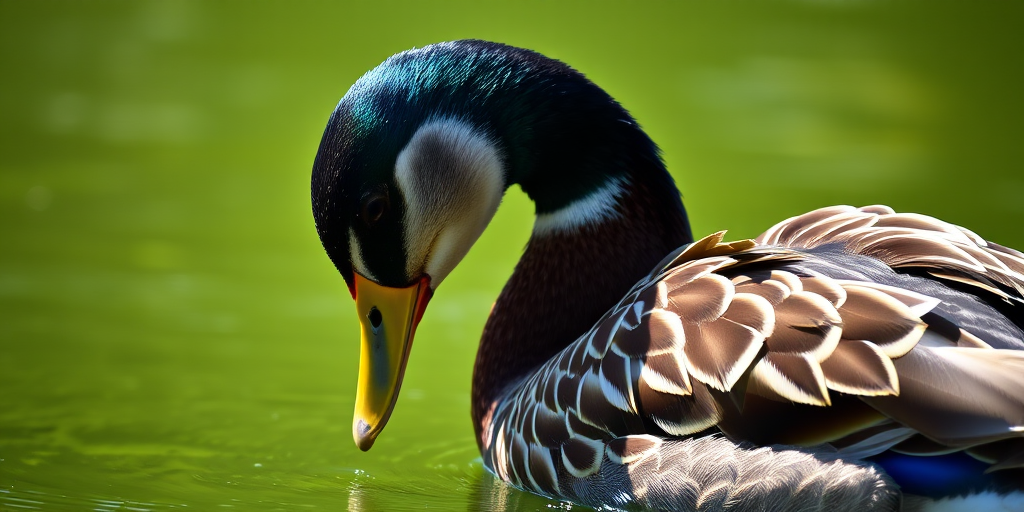 A close-up of a duck preening on a serene green pond, natural lighting, shallow depth of field, 50mm lens at f/2.8, ISO 100, shutter speed 1/200s, DSLR camera, vibrant colors and sharp details.