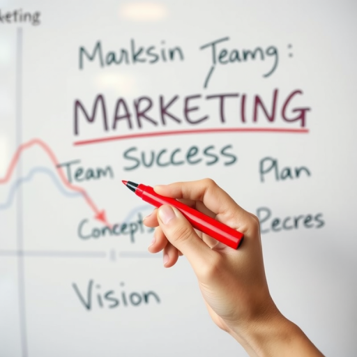 Create an image of a hand holding a red marker, writing words like "Marketing," "Success," "Growth," "Team," "Concepts," "Plan," and "Vision" on a whiteboard, with a blurred graph background, using a DSLR camera at f/2.8 aperture, ISO 100, and a focal length of 50mm for a shallow depth of field and vibrant colors.