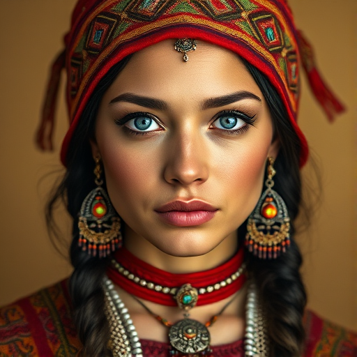 Create a portrait of a beautiful First Nations woman with striking blue eyes and a gentle expression. She is adorned in traditional attire with intricate patterns, including a richly embroidered headscarf and matching garments. Her jewelry includes a delicate headpiece, dangling earrings, and ornate bracelets, all featuring vibrant gemstones and detailed metalwork. The background is soft and warm, enhancing the rich colors of her outfit and jewelry.