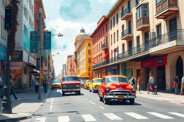 Regenerate a vibrant urban street scene with watercolor splashes in the background, featuring vintage cars and a lively city atmosphere, captured with a Canon EOS R5, 24mm lens, f/8 aperture, ISO 100, and a wide-angle perspective to enhance depth and color vibrancy.