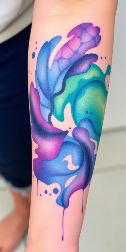 Vibrant watercolor splash tattoo named "Chromatic Cascade" featuring swirling hues of blue, purple, and green blending seamlessly into a geometric pattern on the forearm, evoking a sense of fluid motion and artistic expression