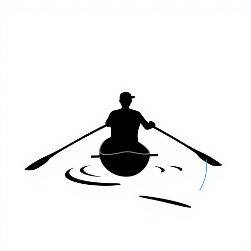 Create a high-resolution vector graphic of a minimalist icon depicting a person rowing a boat on water, use a clean white background, set at 300 DPI, with a view of the rower from a slight side angle, using digital illustration style with smooth lines and high contrast between the black figure and white backdrop.