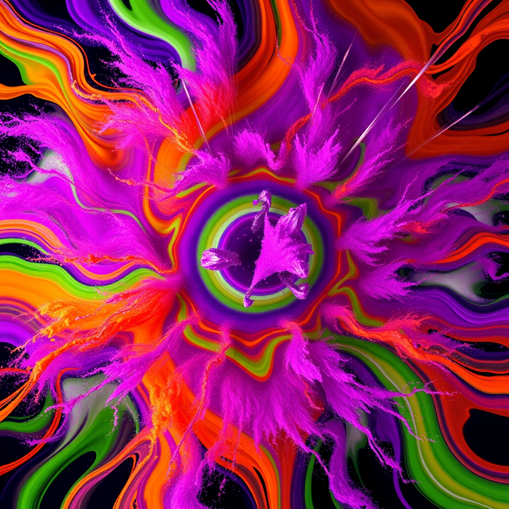 Create a vibrant explosion of colors with swirling patterns of purple, green, and orange in a high-resolution digital format, using a DSLR camera with a 50mm lens at f/2.8, ISO 100, and a shutter speed of 1/500s, shot from a dynamic overhead angle to emphasize depth and movement.