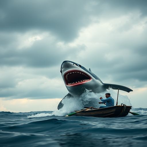 Capture a dramatic scene of a giant shark breaching the water while a fisherman in a small boat rows desperately, using a Canon EOS R5 with a 24-70mm f/2.8 lens at ISO 400, f/4 aperture, 1/1000 sec shutter speed, shot from a low angle to emphasize the shark's size against a stormy sky.
