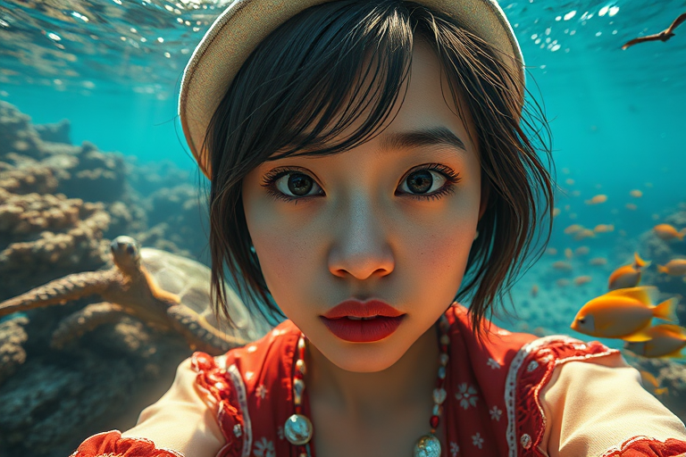 Realistic selfie image of a Asian, wearing a vintage outfit, detailed dreamy eyes, droopy hooded eyes, staring at the camera, taken underwater at coral reef with a sunbeam filtering through the water, vibrant, summer vacation, natural lighting, turtle and school of tropical fish with vibrant colors, rendered in the style of CryEngine, Pegi Nicol MacLeod, with realistic genre scenes, hauntingly beautiful narratives, ultra-realism, and Thomas Saliot's close-up technique, 8K resolution, crystal clear and sparkling water.