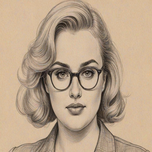 Comely Rebel Wilson, pencil sketch, portrait of Alluring woman 1942s in glasses, hair style beatnik, outline, clear lines, fine lines, 8k