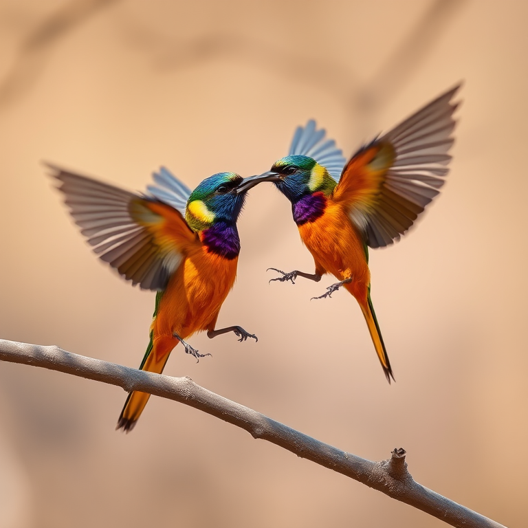 Capture two colorful birds in mid-flight while playing on a branch, using a Canon EOS R5 camera with a 70-200mm f/2.8 lens, aperture set to f/4, shutter speed at 1/2000 sec, ISO 400, in natural light with a soft-focus background for enhanced depth.