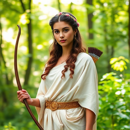 Create a portrait of a goddess-like Coptic girl figure in a tranquil, forested environment. She has an elegant appearance with long, wavy hair styled in an updo and adorned with a delicate, floral headband. She wears a flowing, ancient Greek-inspired gown in a soft, pale color, featuring a one-shoulder design and draped fabric that accentuates her graceful form. The outfit includes a decorative belt with ornate gold detailing, and she holds a bow in her hand, with a quiver of arrows slung over her shoulder. The background depicts lush greenery, with sunlight filtering through the trees, casting a gentle, ethereal light on the scene. Her expression is calm and contemplative, embodying a sense of wisdom and serenity.