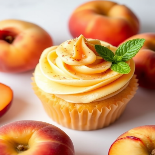 A close-up of a delicious cupcake with a peach and cream filling, topped with swirls of yellow and orange frosting, garnished with edible glitter and mint leaves, surrounded by fresh peaches on a white surface.