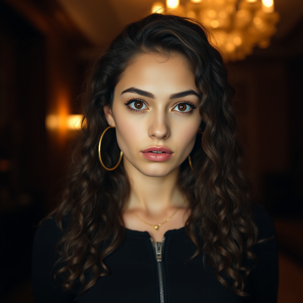 A young woman with long, curly brown hair is looking directly at the viewer. She is wearing a black top with a zipper down the front. The setting is a dimly lit interior space, with a warm, golden light emanating from the background. Her expression is neutral, with a hint of seriousness. The image is a close-up portrait with a shallow depth of field, focusing on the woman's face and torso. The background is blurred, creating a soft and intimate atmosphere.  She is wearing large gold hoop earrings, and a small gold chain is visible around her neck.  Her makeup is natural and simple, highlighting her brown eyes. The lighting creates subtle shadows that accentuate her features.  Her skin is smooth and glows in the soft light. The composition is balanced, with the woman's face positioned in the center of the frame.  The image is focused on capturing her beauty and confidence.