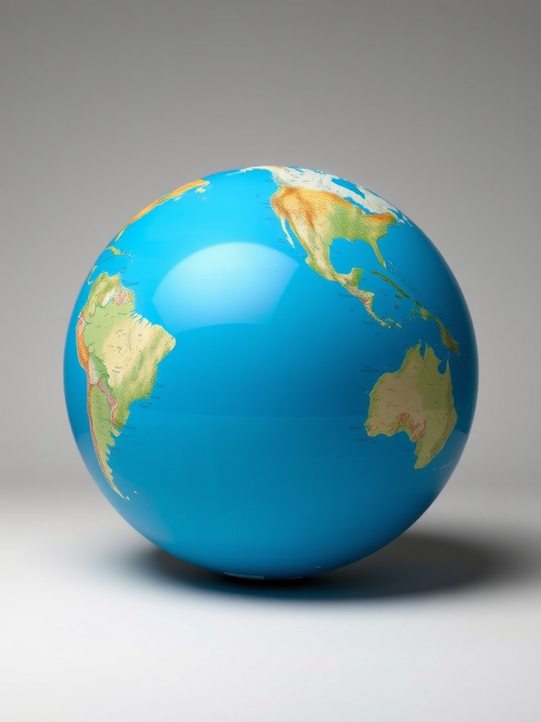 Create a high-resolution image of a globe with a smooth gradient from blue to white, shot with a Canon EOS 5D Mark IV, aperture f/8, ISO 100, and a 50mm lens at a slight tilt angle to enhance depth and clarity.