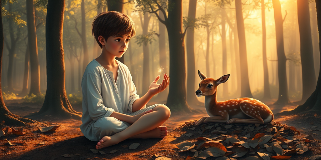 A luminous digital painting of a serene forest scene featuring a barefoot young male, about 7 years old, with brown hair and fair skin, dressed in a simple white outfit. He sits cross-legged on the forest floor, gazing at a small, glowing, magical firefly in his hand. Beside him, a delicate spotted deer lies calmly on a bed of dried leaves, observing the scene. The dense forest is bathed in warm, golden light filtering through the trees, creating a peaceful, magical atmosphere with a blend of natural and mystical elements.